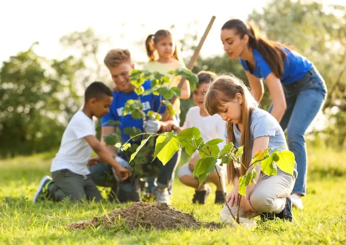 Kindergartenkinder säubern gemeinsam einen Wald