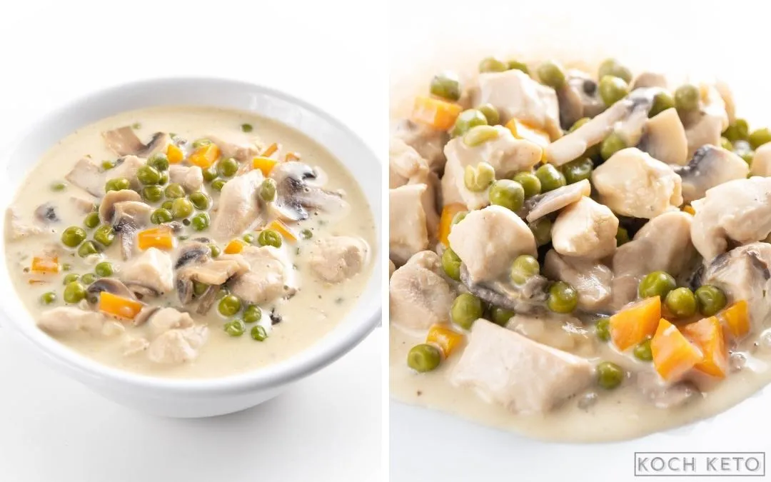 Klassisches Hühnerfrikassee mit Spargel und Champignons in cremiger Sauce