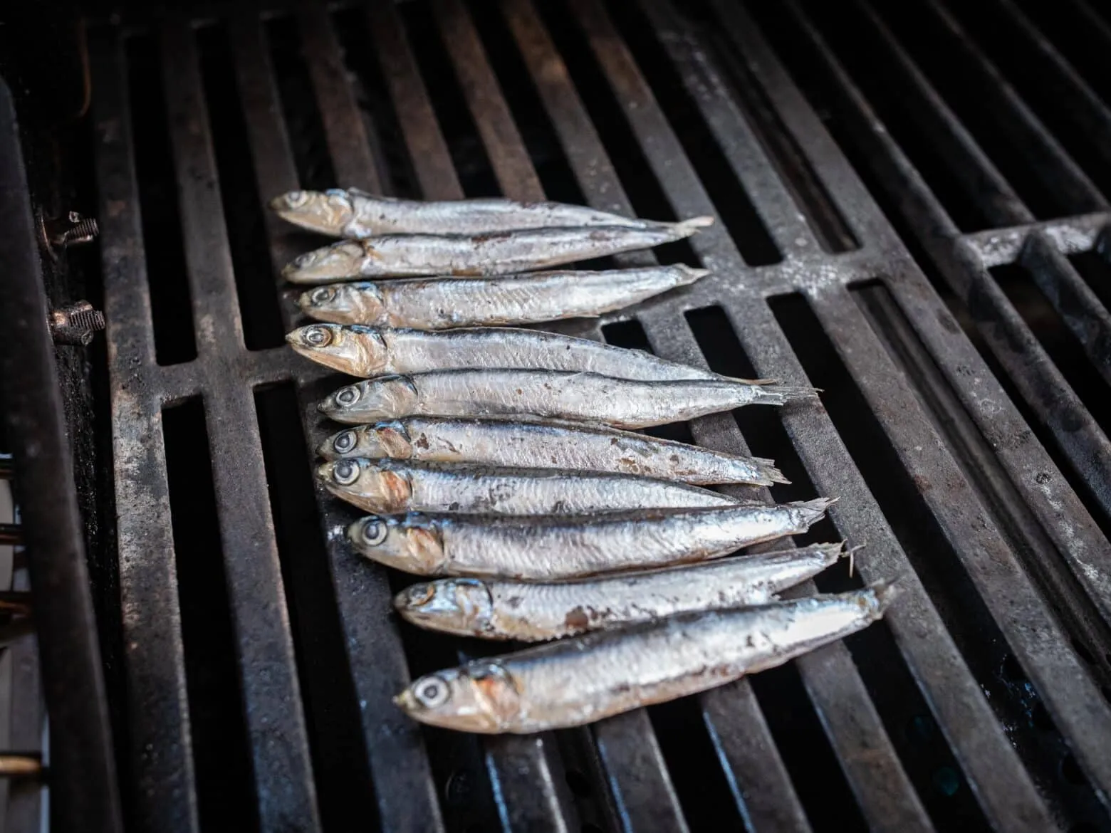 Kleine Sardinen werden direkt auf dem heißen Grillrost gegrillt, um knusprige Röstaromen zu entwickeln.