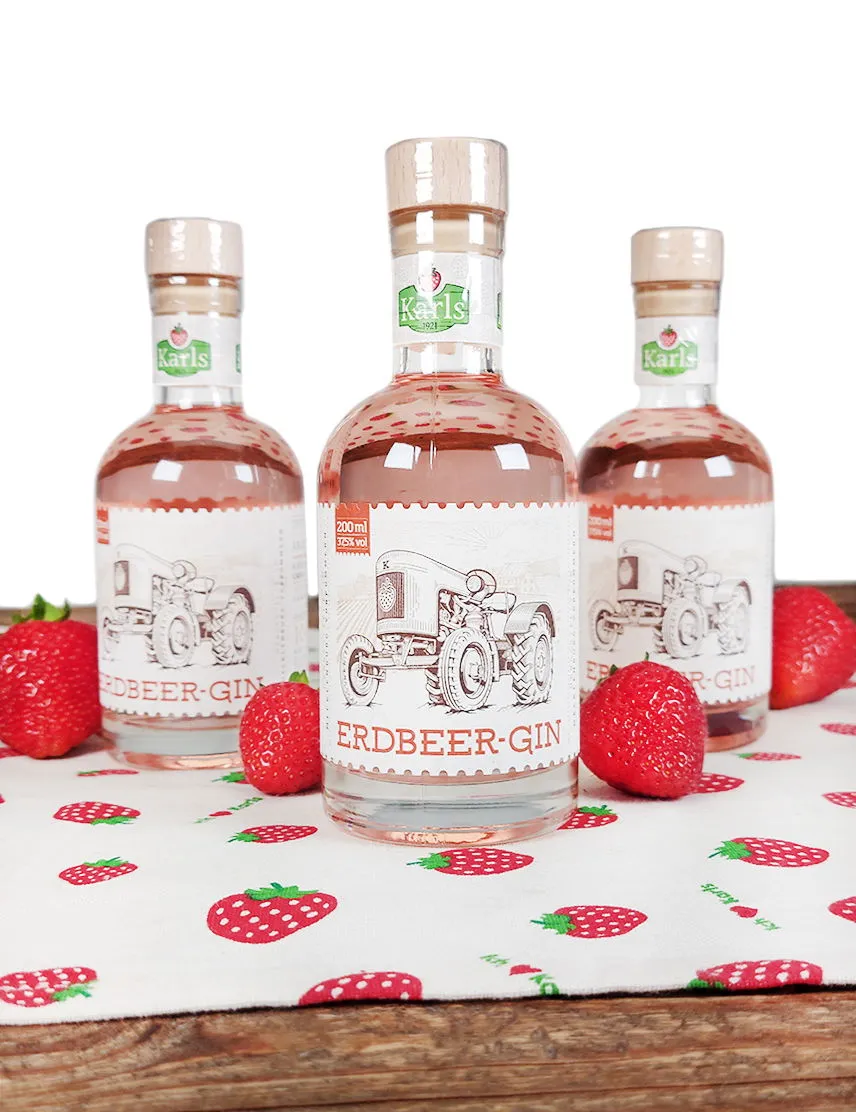 Kleiner Karls Erdbeer-Gin 200ml im sommerlichen Setting mit Glas und frischen Früchten