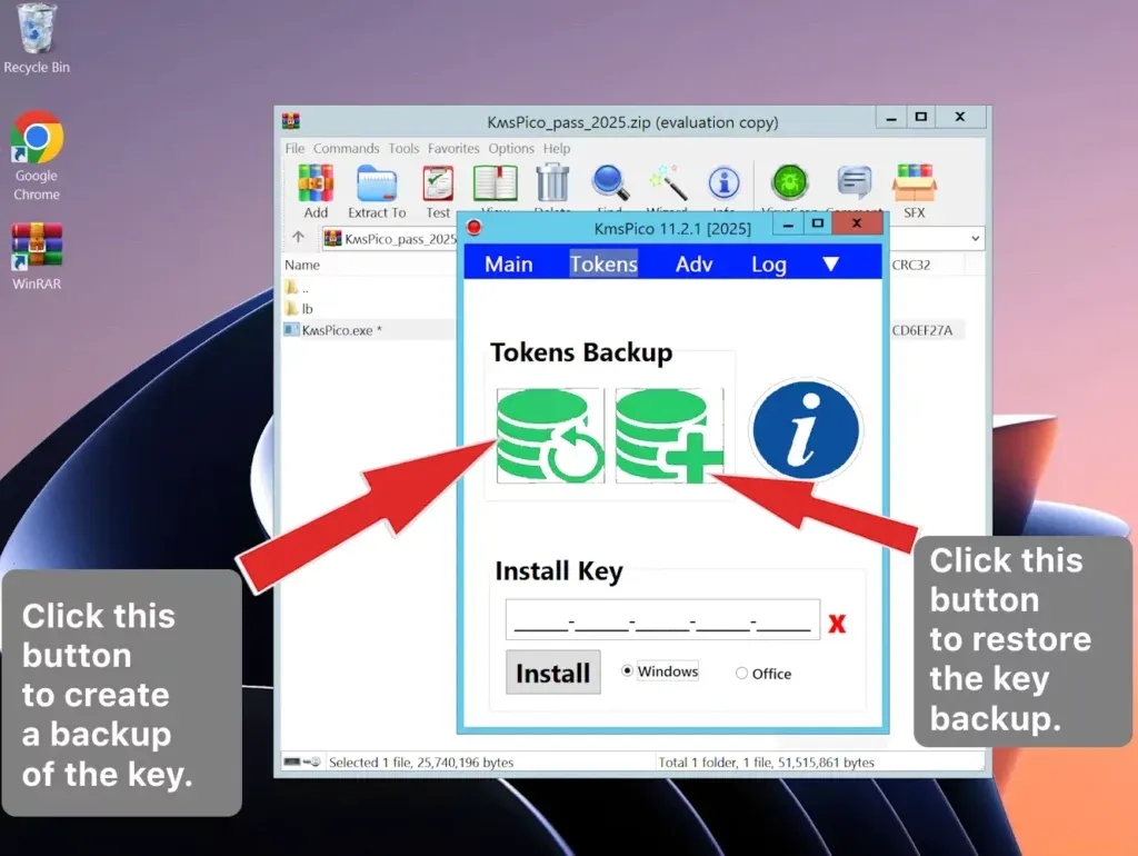 KMSPico-Benutzeroberfläche mit hervorgehobenen Schaltflächen zur Sicherung von Windows- und Office-Lizenzen