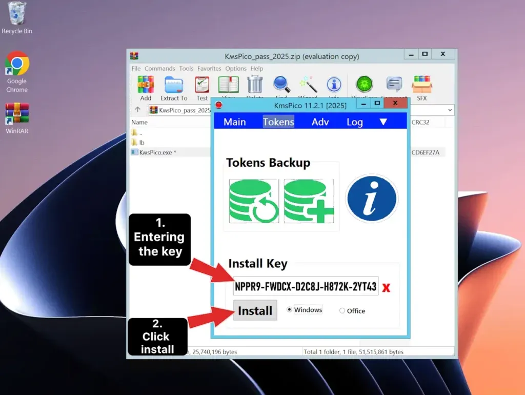 KMSPico-Benutzeroberfläche mit manuell eingegebenem Windows 10 Produktschlüssel zum Ändern der Edition