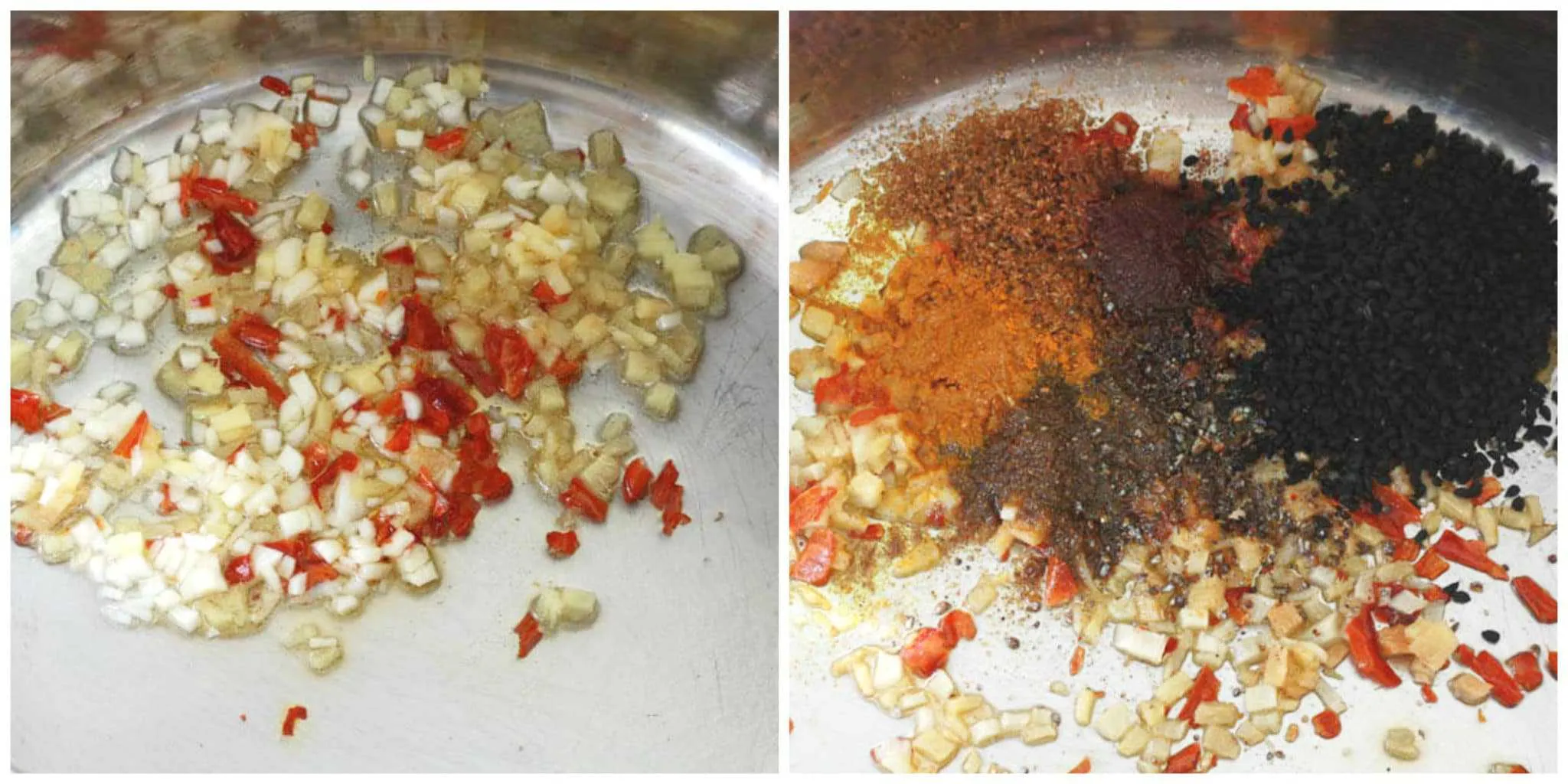 Knoblauch, Ingwer und Gewürze wie Kreuzkümmel und Koriander werden in Öl angedünstet, um ihr Aroma für das Mango Chutney zu entfalten.