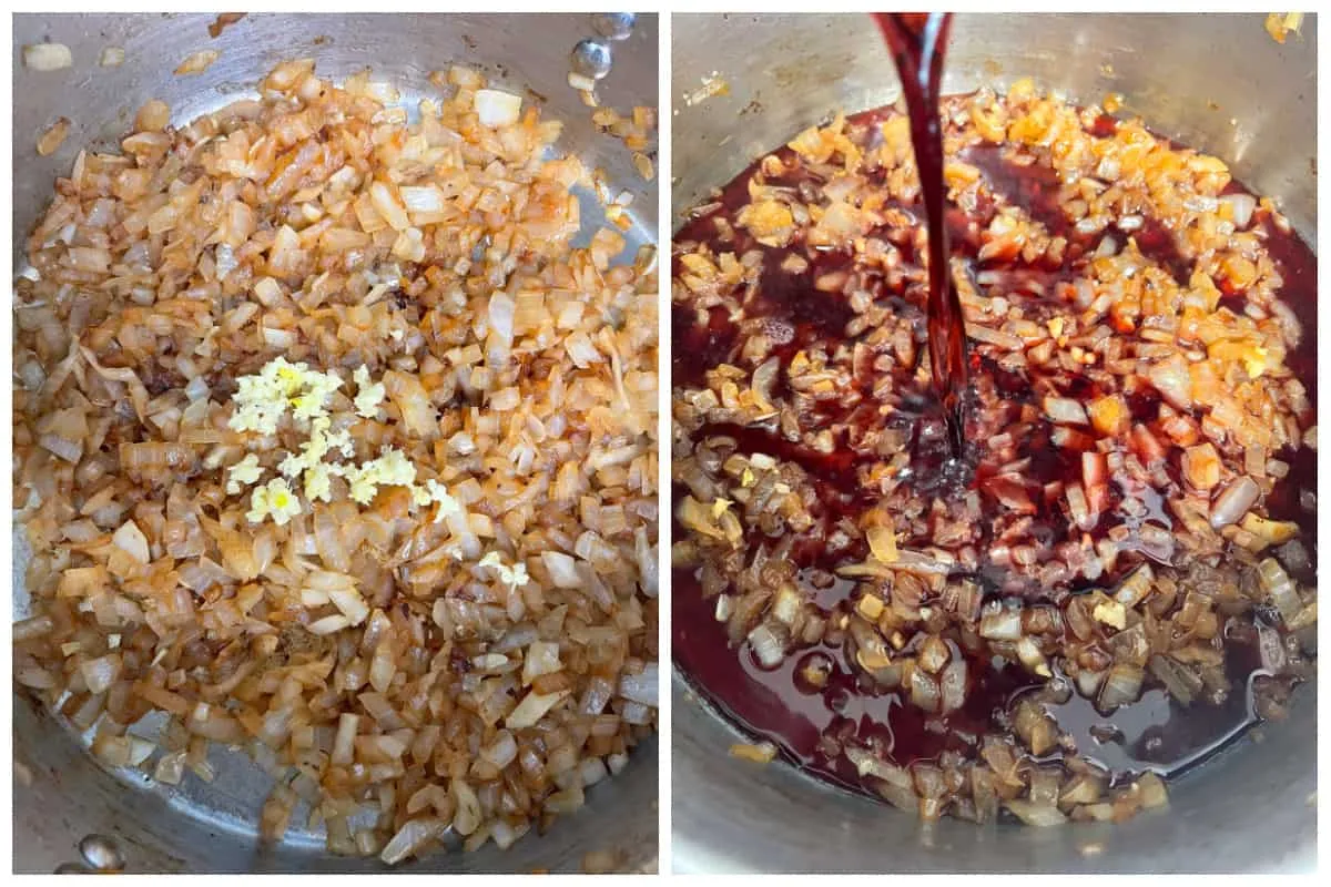 Knoblauch und Rotwein werden dem Gulaschansatz hinzugefügt