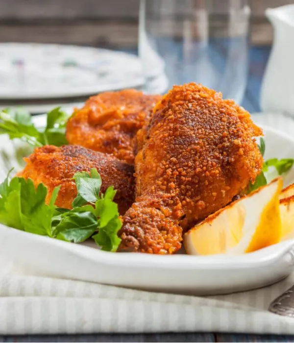 Knusprig gebratenes Backhendl, serviert mit Kartoffelsalat und Preiselbeeren, angerichtet auf einem Holztisch, als traditionelles Samstagsgericht.