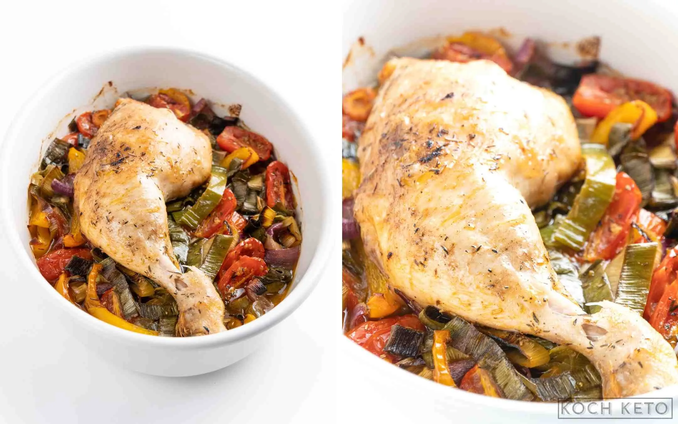 Knusprige Hähnchenschenkel aus dem Ofen mit buntem Gemüse als Beilage