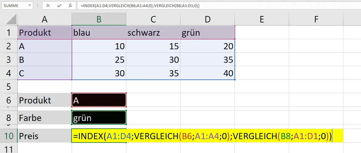 Kombination von INDEX und VERGLEICH zur Abfrage eines Preises bei &quot;Produkt A&quot; und &quot;grün&quot;