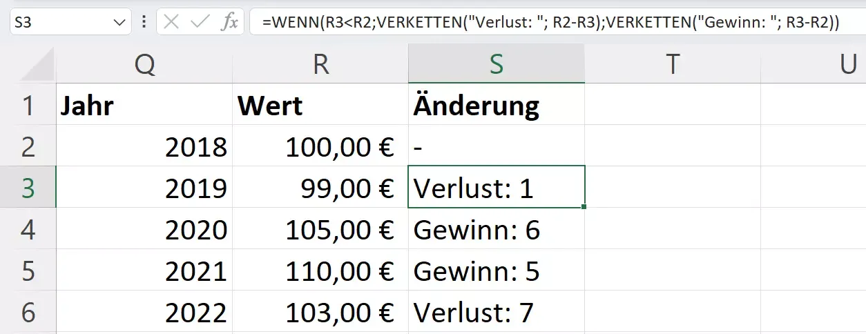 Komplexes WENN-DANN Excel Beispiel mit VERKETTEN zur Analyse von Aktienkursveränderungen