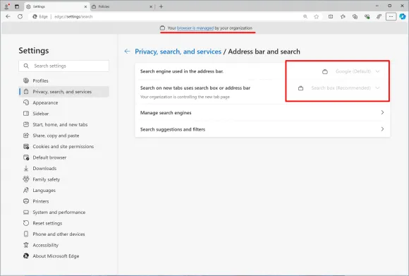 Konfiguriert man die Suchmaschine unter dem Zweig Google Chrome oder Microsoft Edge, dann lässt sich diese nicht mehr ändern.