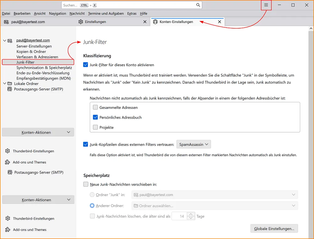 Kontenspezifische Thunderbird Junk-Filter Einstellungen für individuellen Spamschutz