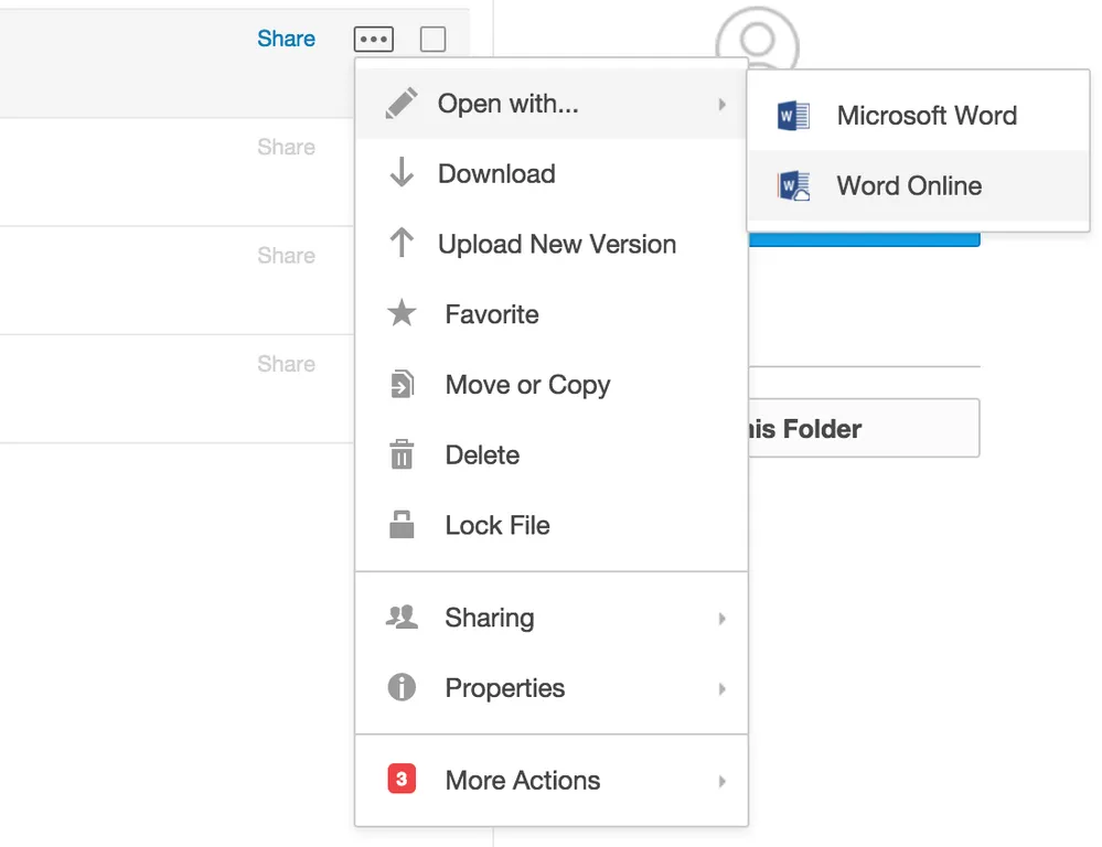 Kontextmenü für das Öffnen von Office-Dateien in Box