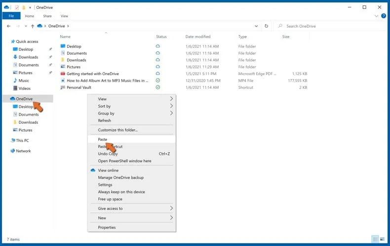 Kopierte Datei in den OneDrive-Ordner einfügen, um eine Sicherung zu erstellen