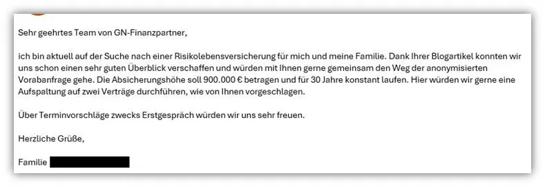 Kundenanfrage Risikolebensversicherung Online