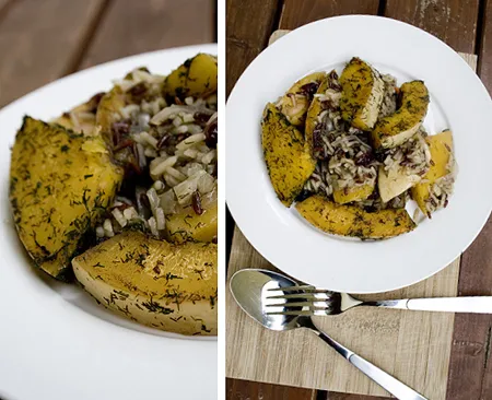 Kürbis-Cranberry-Pfanne mit Zimt und Dill, vegan, in einer großen Bratpfanne angerichtet