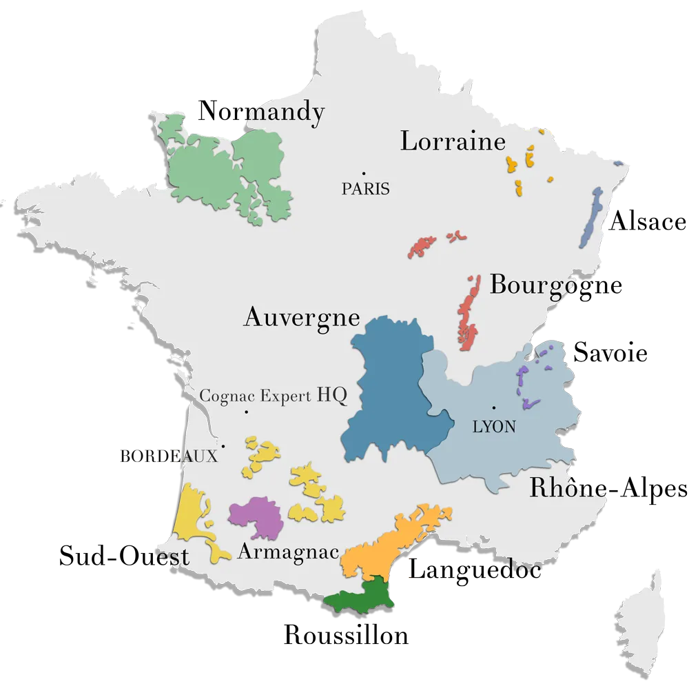 Landkarte Frankreichs mit eingezeichneten Spirituosenregionen