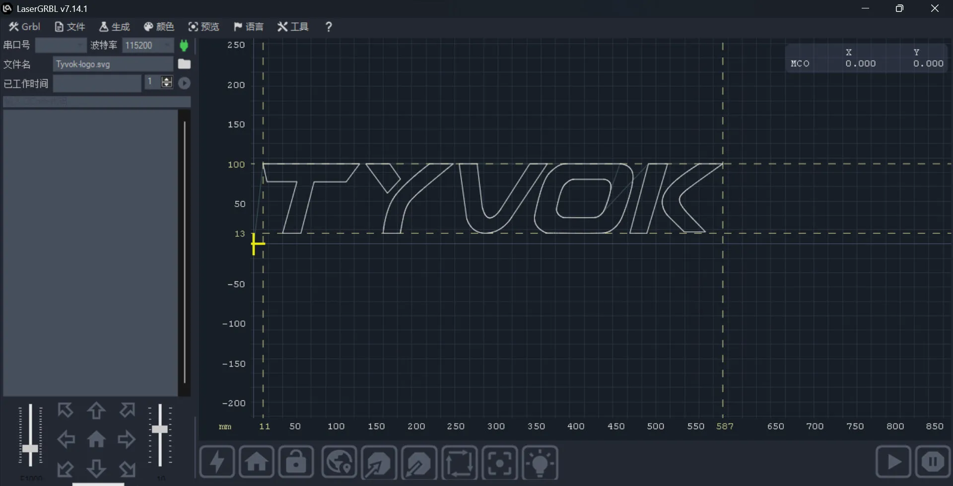 LaserGRBL Oberfläche mit geladenem Tyvok-Logo SVG für die Gravur, zeigt die Leistungsfähigkeit dieser kostenlosen GRBL Software