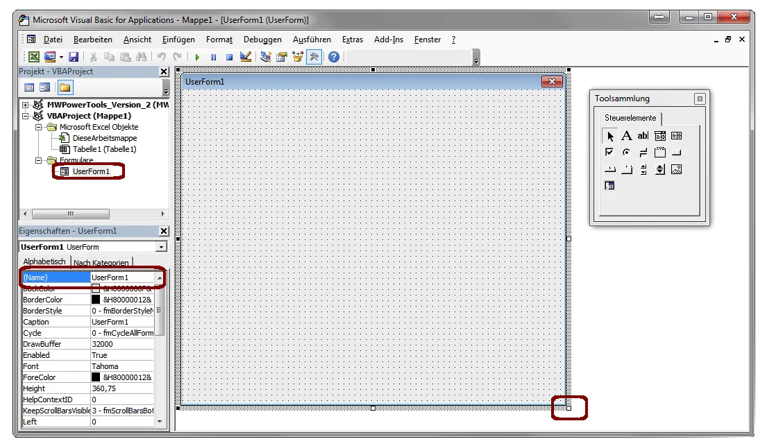 Leere UserForm1 und ihr Eigenschaftenfenster in Excel VBA