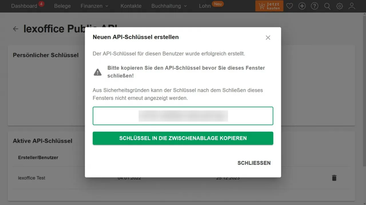 LexOffice API Schlüssel erstellen