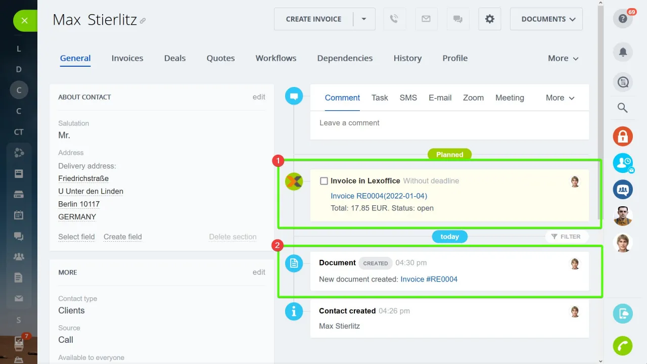 LexOffice Rechnung in Bitrix24 CRM Timeline