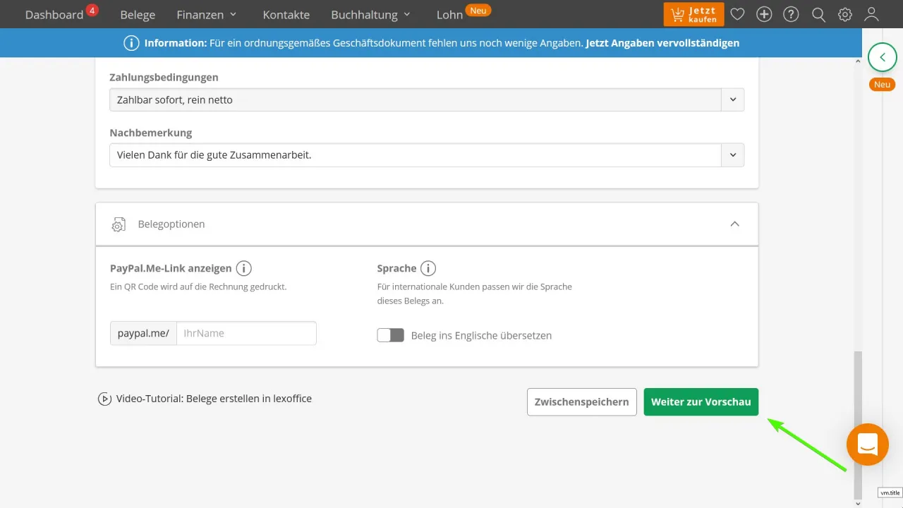 LexOffice Rechnung speichern Schritt 1
