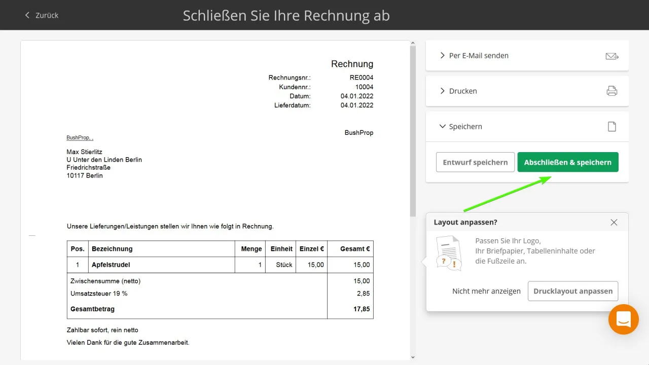 LexOffice Rechnung speichern Schritt 2