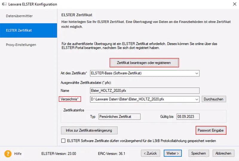 Lexware Elster Konfiguration