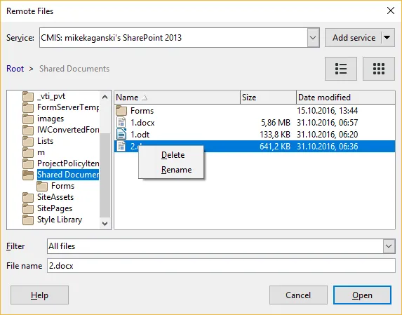 LibreOffice Remote-Dateien Ansicht mit SharePoint-Verbindung