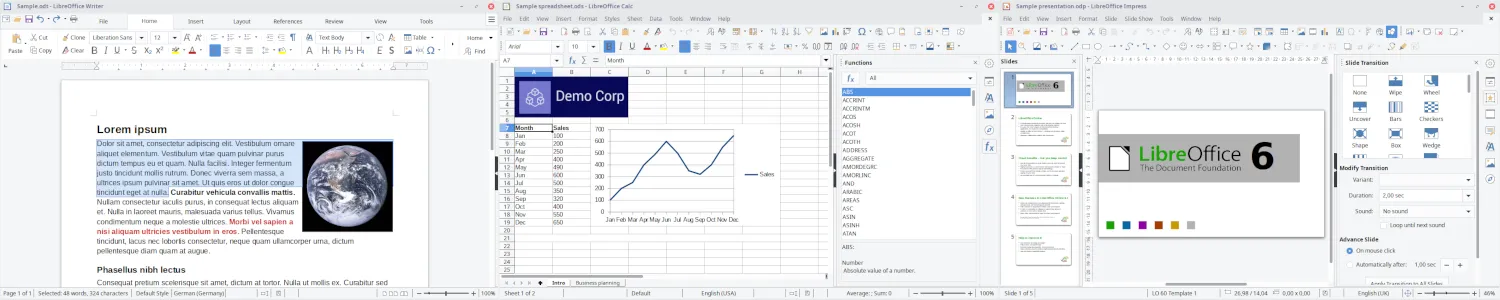 LibreOffice Screenshots zeigen die Benutzeroberfläche der Office-Suite, inklusive Impress für Präsentationen.