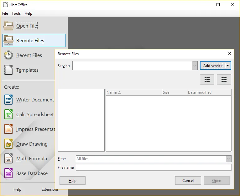 LibreOffice Startcenter mit Option für Remote-Dateien
