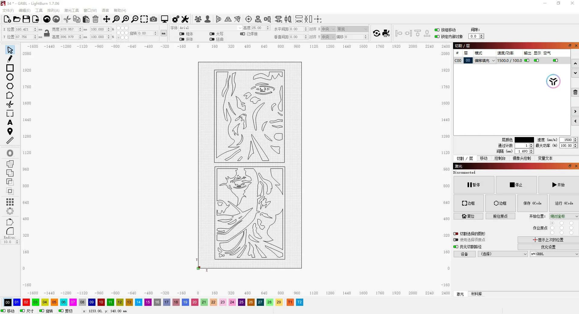 LightBurn-Oberfläche mit Gravurjob-Layout und Vorschau, kompatibel mit GRBL-Controllern