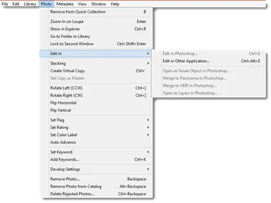 Lightroom Bearbeiten in Menü
