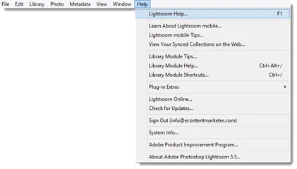 Lightroom Hilfe Menüpunkt