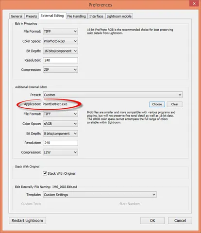 Lightroom Paint.net als externen Editor ausgewählt