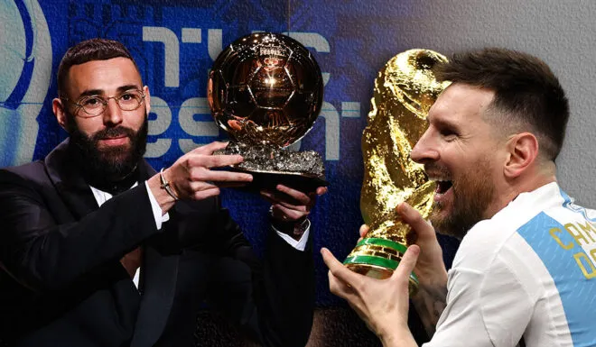 Lionel Messi und Karim Benzema, Hauptkonkurrenten um den FIFA Weltfußballer 2022 Titel