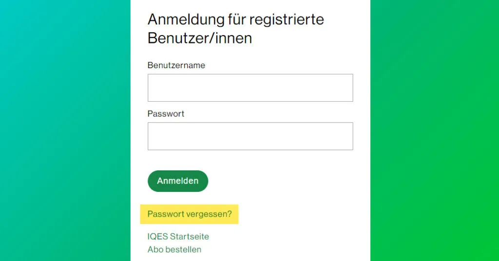 Login-Seite von IQES mit dem hervorgehobenen Link "Passwort vergessen".