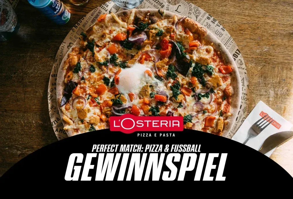 L'Osteria Pizza Speisekarte mit einer großen, traditionellen italienischen Pizza.
