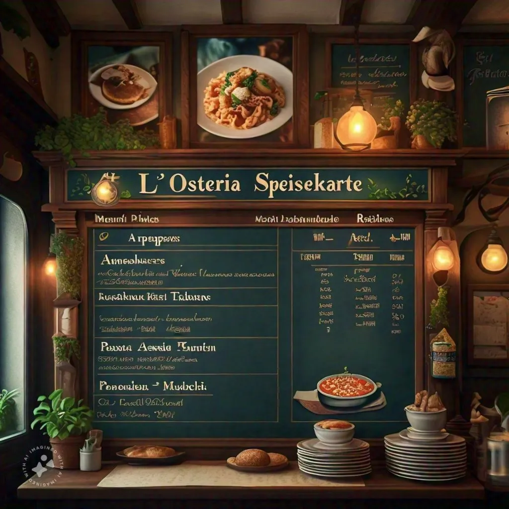 L'Osteria Restaurant in München: Einladendes Ambiente mit großzügigen Holztischen.