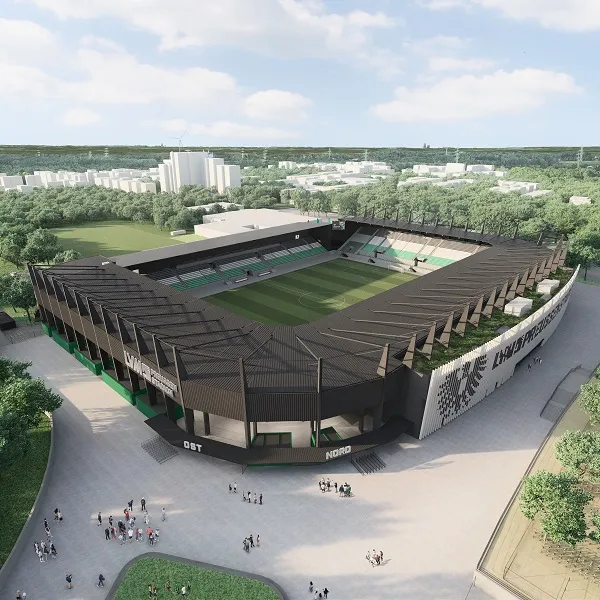 Luftaufnahme des LVM-Preußenstadions in Münster, die Heimstätte der Adlerträger