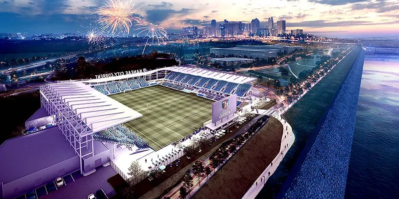 Luftaufnahme des neuen KC Current Stadions an der Berkeley Riverfront in Kansas City, wegweisend für den Frauenfußball bei der WM 2026