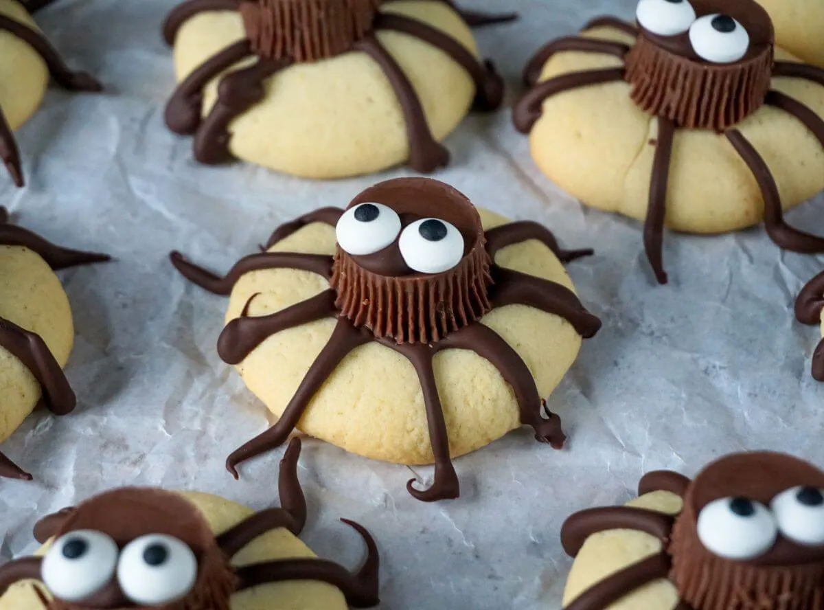 Lustige Spinnenkekse, ideal für Halloween, mit Schokolade verziert.