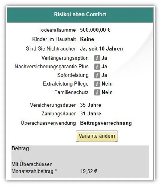 LV1871 Risikolebensversicherung fallende Versicherungssumme Vergleich