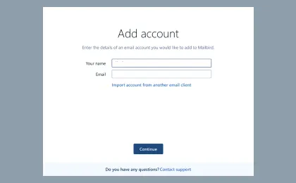 Mailbird: Name und E-Mail-Adresse für Open-Xchange Konto eingeben