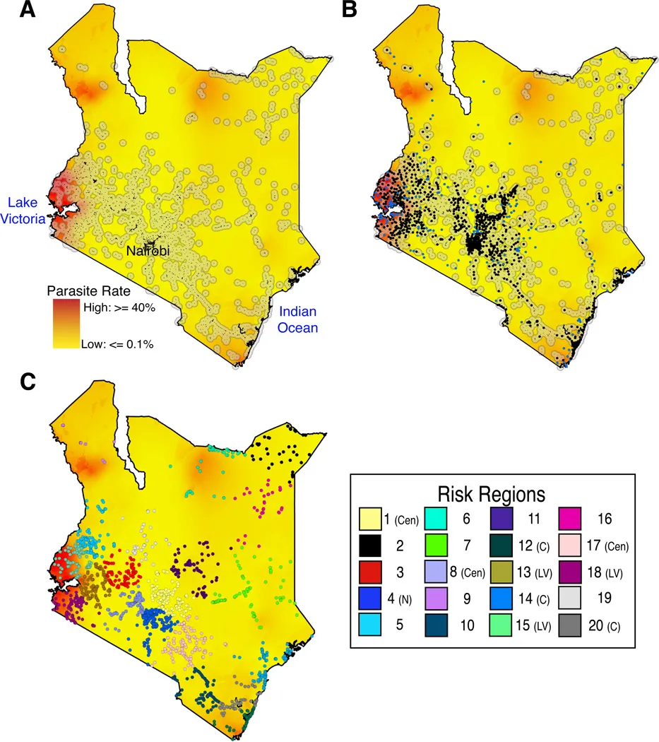 Malaria prevalence in Kenya in 2009 (from *PfPR2–10<0.1%* in yellow to *PfPR2–10>40%* in red) and the locations of settlements used in the analysis (settlement centers are shown in black, and mapped with a 10km extent around the perimeter of the settlement in grey).