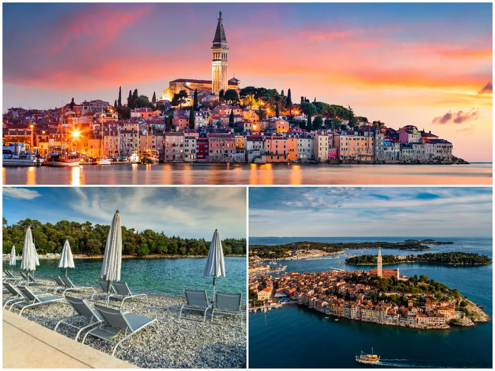 Malerische Altstadt von Rovinj bei Sonnenuntergang und der Strand Mulini in Kroatien, ein preiswerter Oktoberurlaub