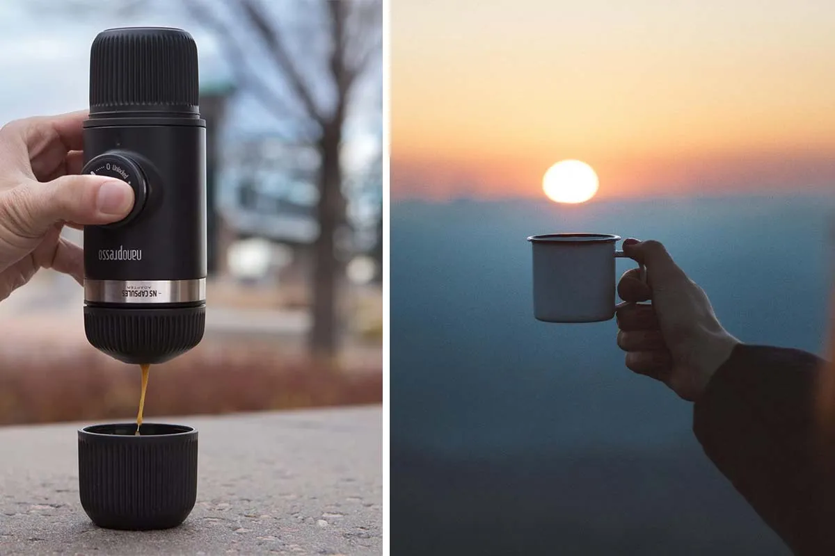 Mann genießt frischen Kaffee im Freien, symbolisiert mobile Kaffeemaschine und Outdoor-Genuss