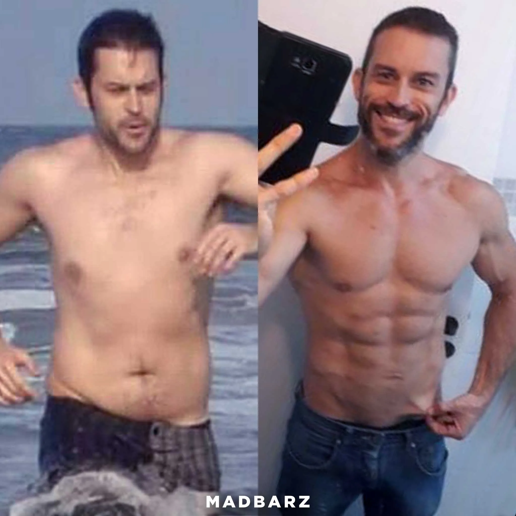 Mann Rui Bittencourt vor und nach seiner Transformation durch Madbarz