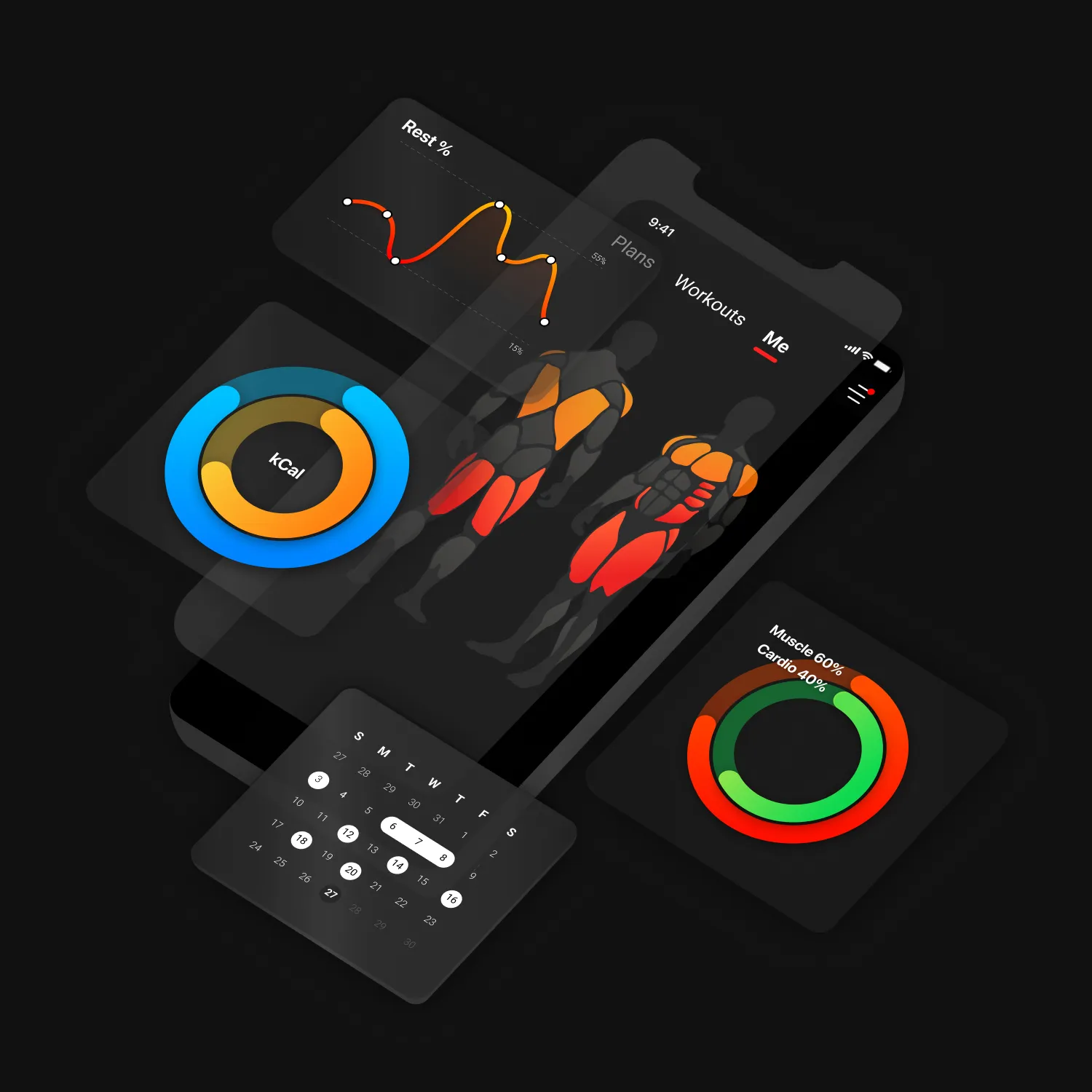 Mann trainiert mit Hanteln, Madbarz App zeigt Fortschrittsdiagramme