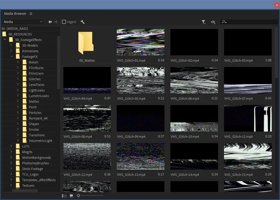 Medienbrowser-Fenster in Adobe Premiere Pro zum Suchen und Importieren von Filmmaterial
