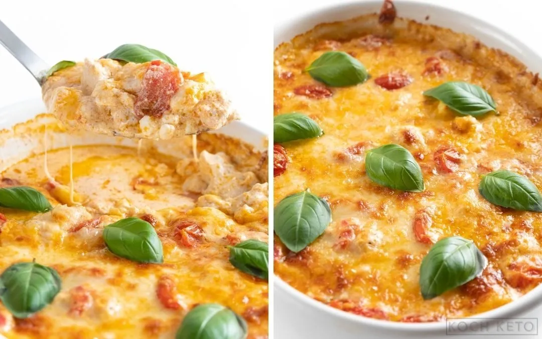 Mediterraner Hähnchen-Feta-Auflauf mit Oliven und Tomaten in cremiger Pesto-Sauce