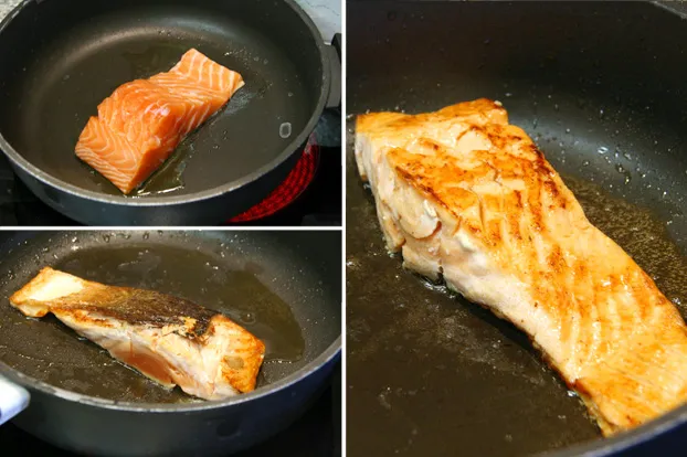 Mehrere Brokkoli-Puffer braten in einer Pfanne mit Olivenöl, während sie goldbraun und knusprig werden